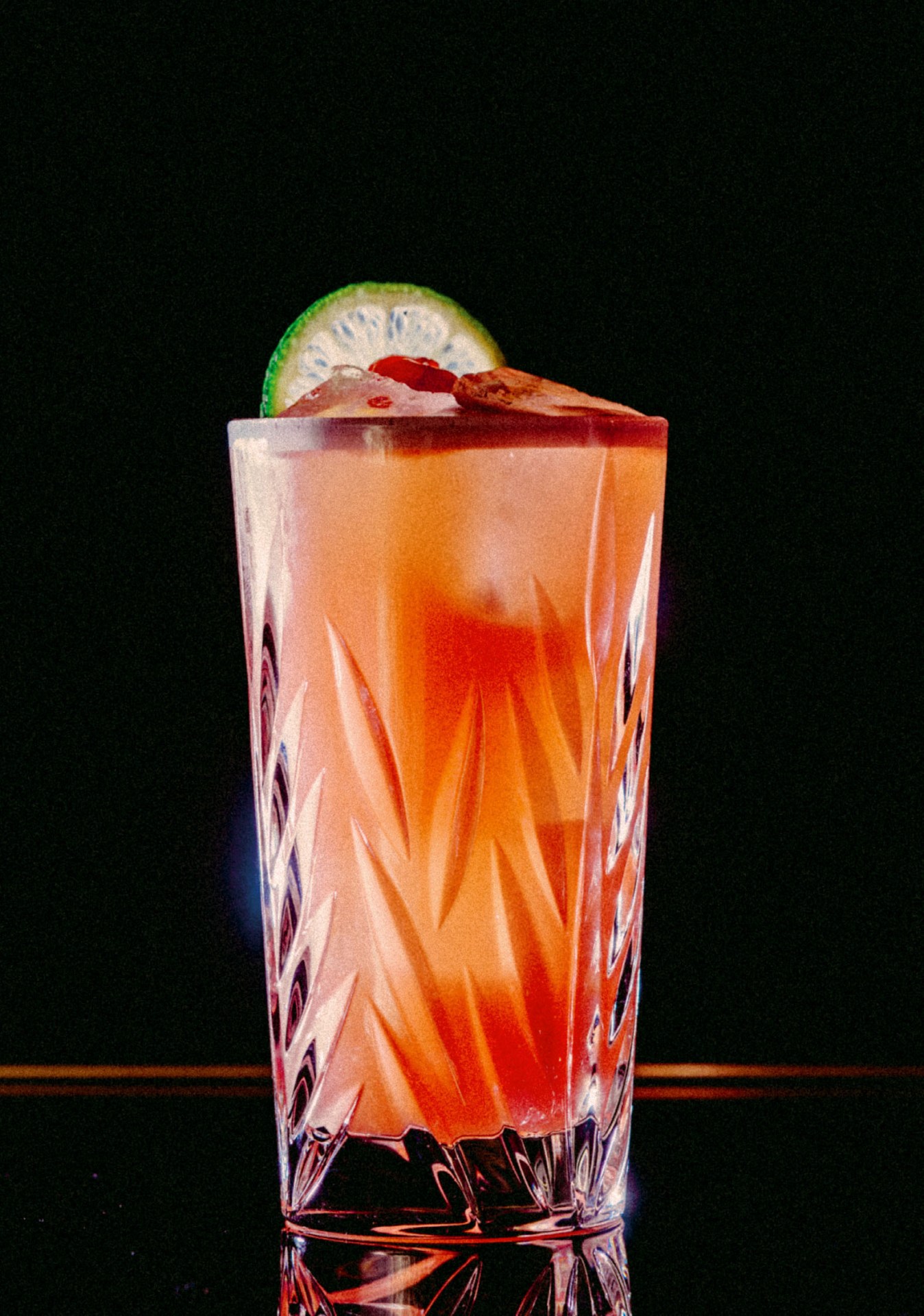 Recipe: 4.5cl Mezcal infused with Lime Leaves, Chipotle and Thai Chilies 2cl Lime Juice 1.5cl Chambord 1cl Sugar Syrup 6cl Pineapple Juice