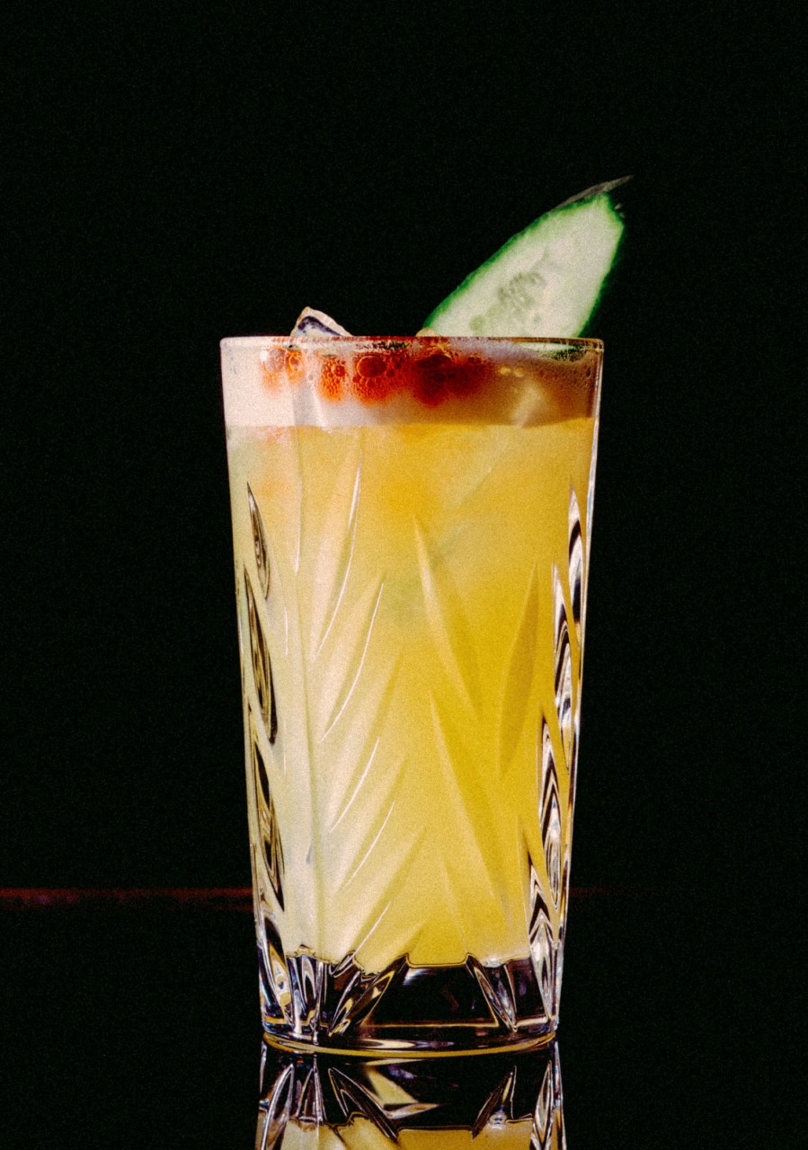 Recipe: 4cl Russian Standard Vodka 2cl Lime Juice 1.5cl Orgeat Syrup 8cl Pineapple Juice 2 Dashes Angostura Bitters Cucumber